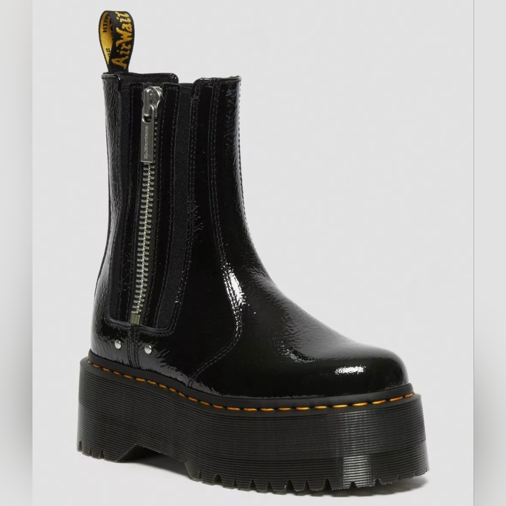 Dr. Martens Black Patent Leather Platform Chelsea Boots with Yellow Stitching